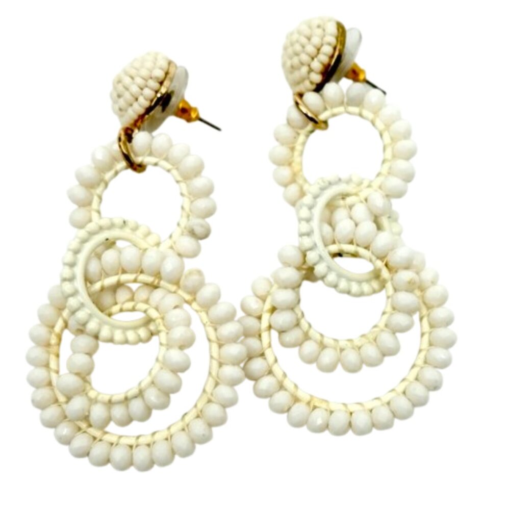 J CREW~Interlocking HOOPS Beaded Drop Dangle Earrings Boho Chic WHITE/GOLD
